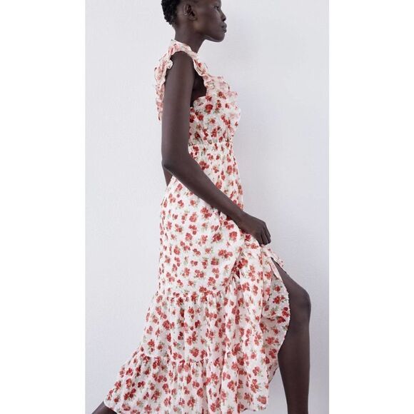 Zara Floral Print Dress Ruffled New - Picture 4 of 9